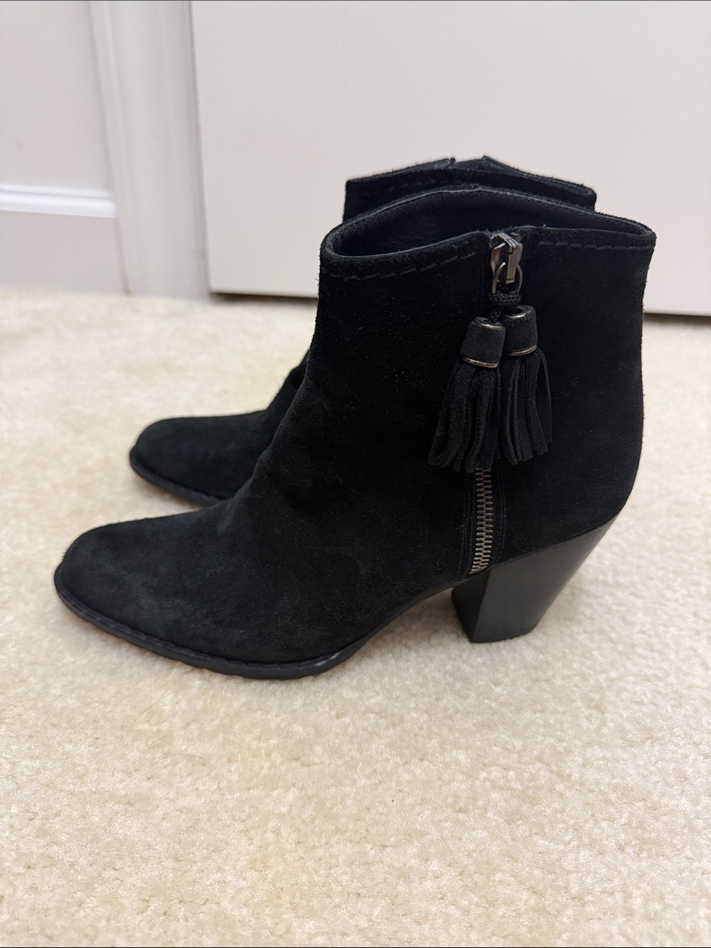 Stuart Weitzman Black Suede Tassel Zip Ankle Boots